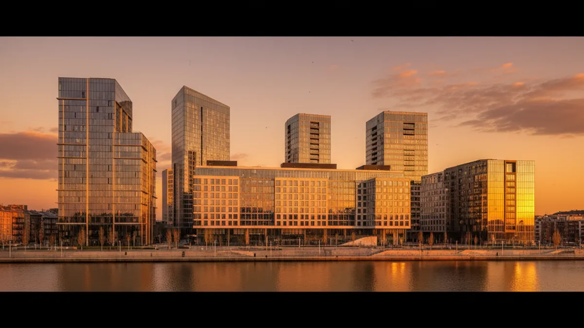 モダンな建築と夕焼けの都市景観