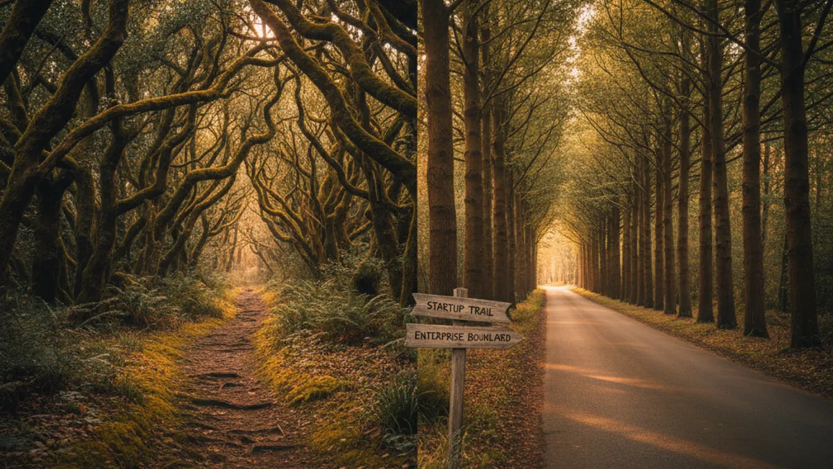 スタートアップと大手の選択を象徴する森の分かれ道